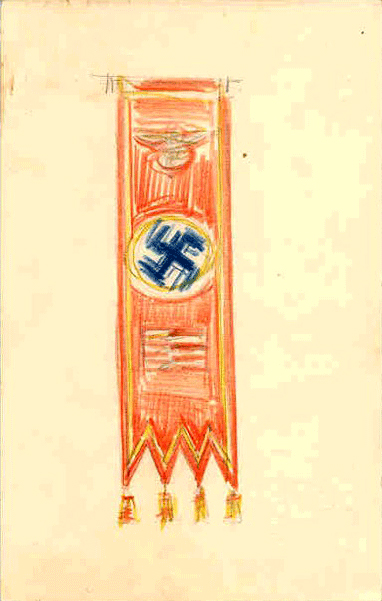 The 45 degree angled red, black and white swastika (hakenkreuz) flag becomes the official national flag of Germany, original sketch by Hitler